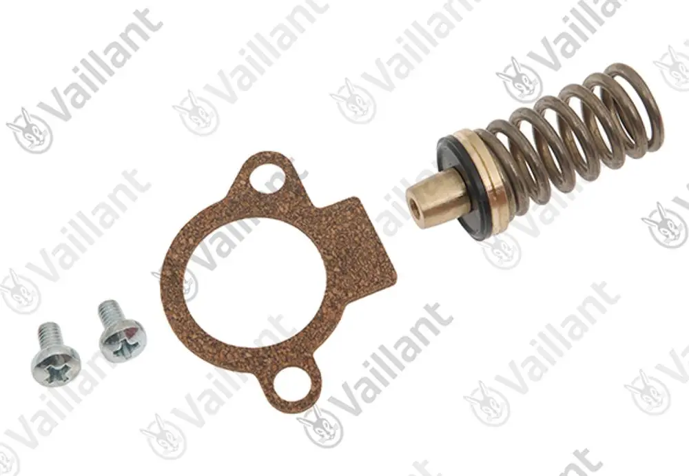 Vaillant Wassermangelventil mit einer Druckfeder und einem Dichtungsring, begleitet von zwei Schrauben und einer Dichtung.